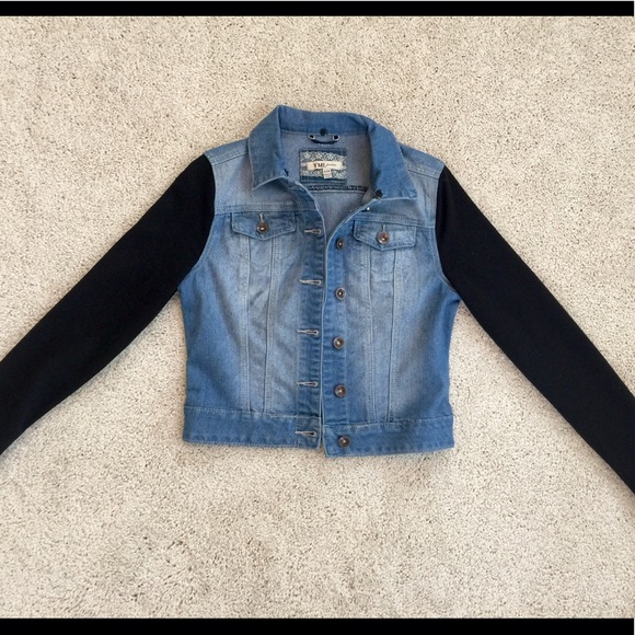 denim jacket with black sleeves